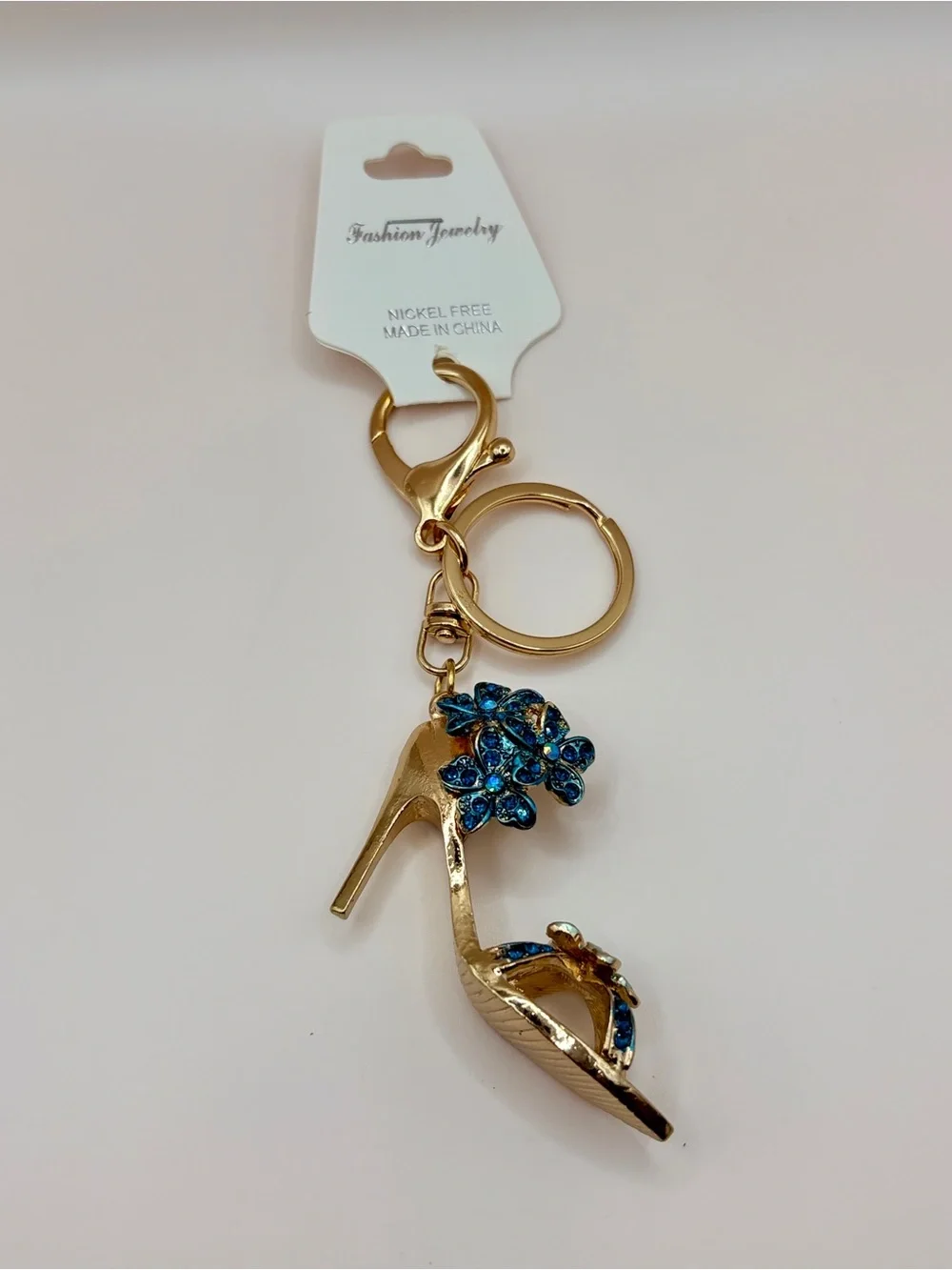 Bougie Gold High Heel Keychain with Blue Crystal Flower Accents